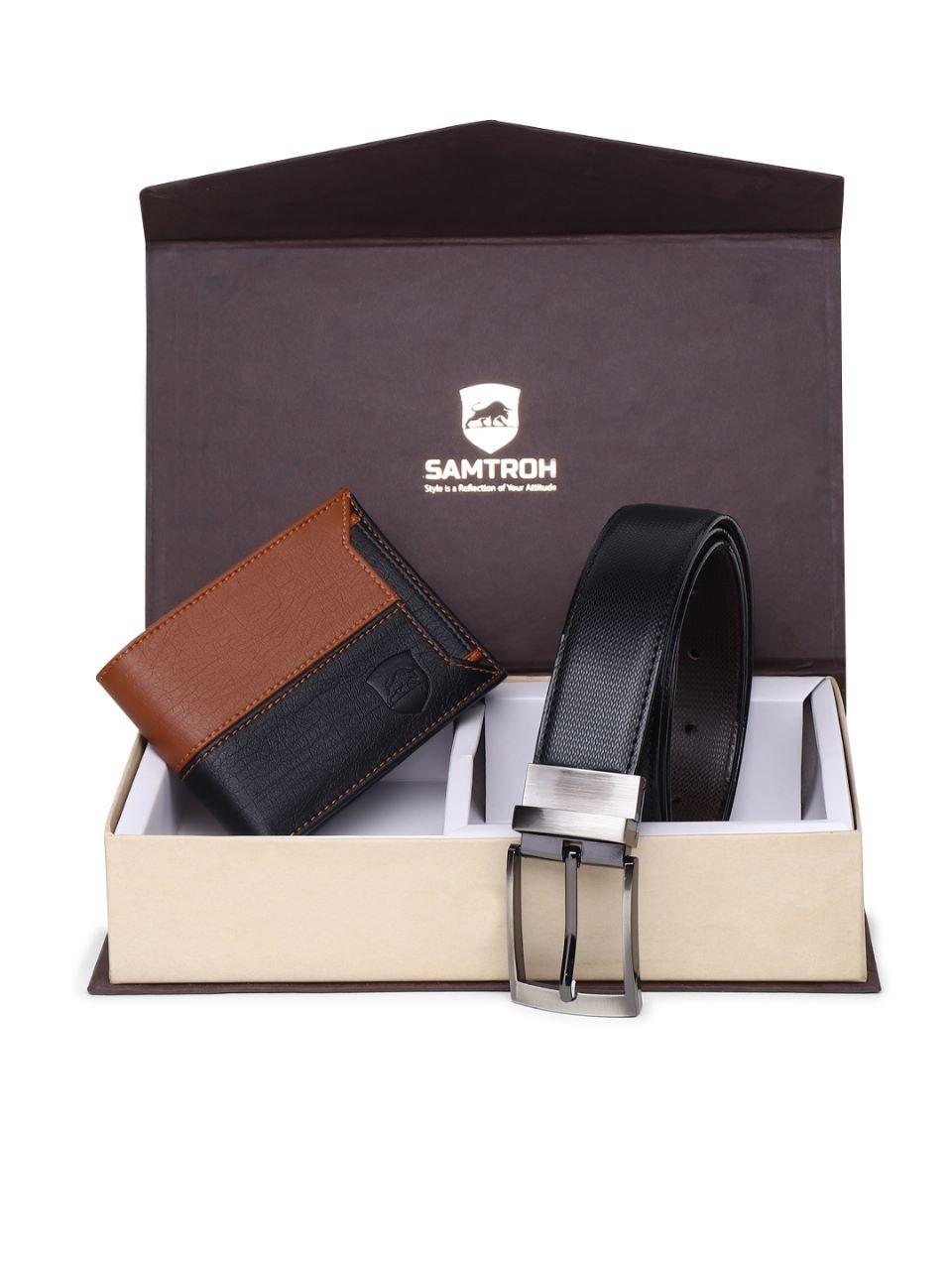 Leather Belt and Wallet Combo for Men (Black-Brown)